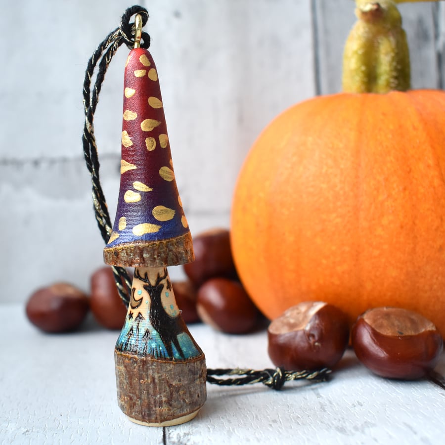 Woodland Stag tree decoration. Pyrography hanging fungi gift.