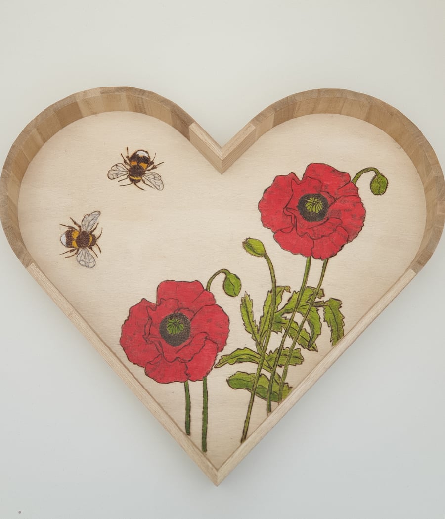 Poppies, pyrography wooden serving tray, kitchen gift