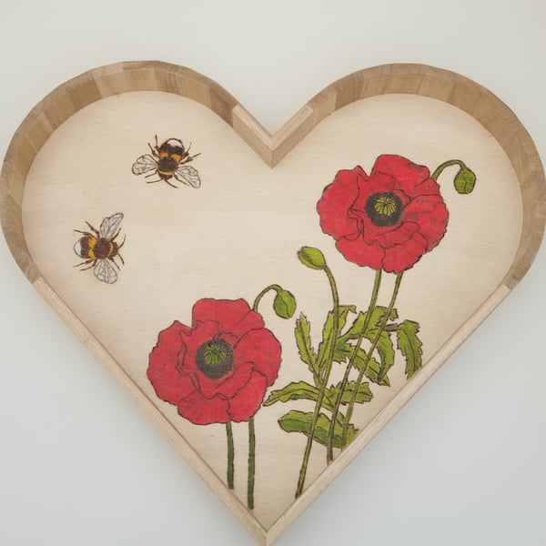 Poppies, pyrography wooden serving tray, kitchen gift