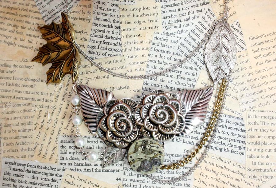Steampunk Statement Rose Silver Gold Pearl Necklace
