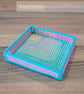 Desk tray for small items - multicoloured rainbow pattern with blue edge