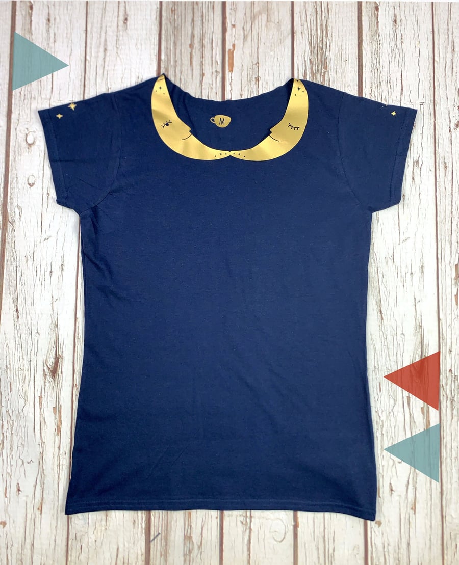 Crescent Moon Collared Woman's Navy top with shiny gold stars. Ladies T-Shirt.