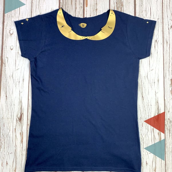 Crescent Moon Collared Woman's Navy top with shiny gold stars. Ladies T-Shirt.