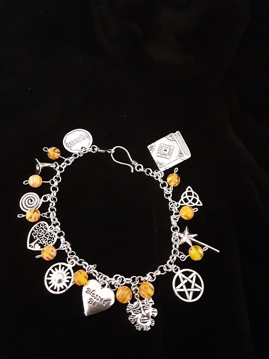 Wicca Charm Bracelet Silver Plated Chain with Citrine Crystal Beads and Tibetan 