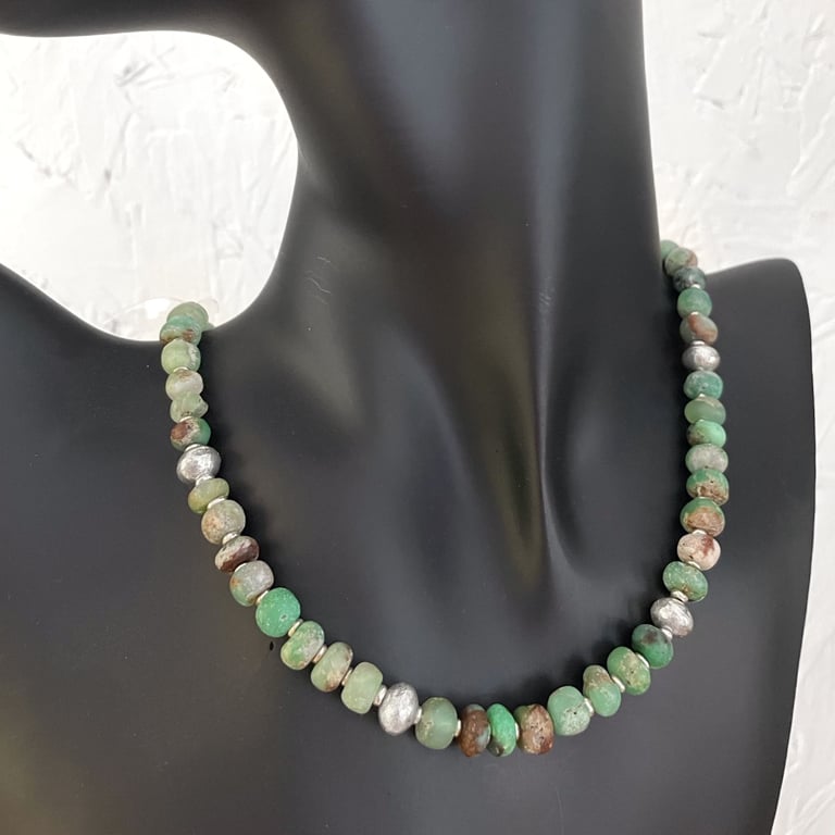 Silver and chrysoprase organic earthy bead necklace