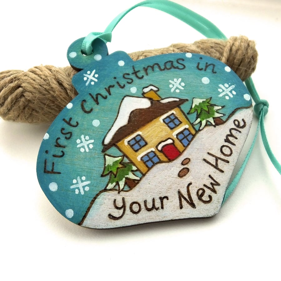 First Christmas in your new home. Pyrography personalised wooden bauble.