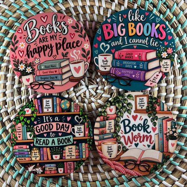 Book Lover Coaster Set – Handmade set of 4 Coasters – Reading Gift for Bookworms