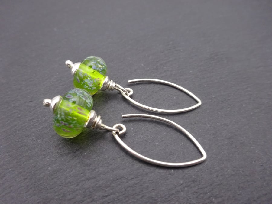 green lampwork glass earrings, sterling silver jewellery