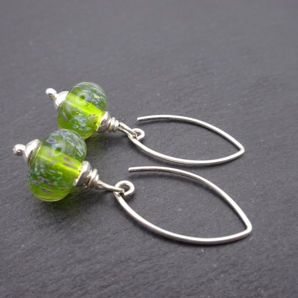 green lampwork glass earrings, sterling silver jewellery
