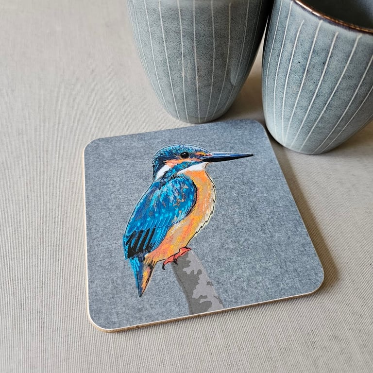 Kingfisher coaster, melamine, cork backed