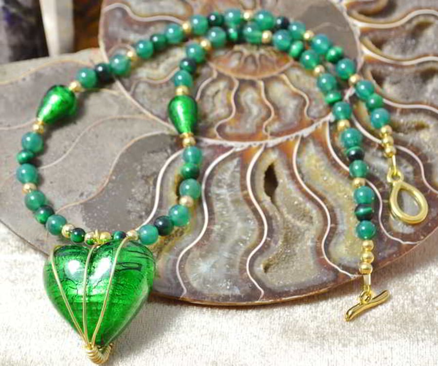 Emerald Murano Glass Heart & Green Tiger's Eye Necklace