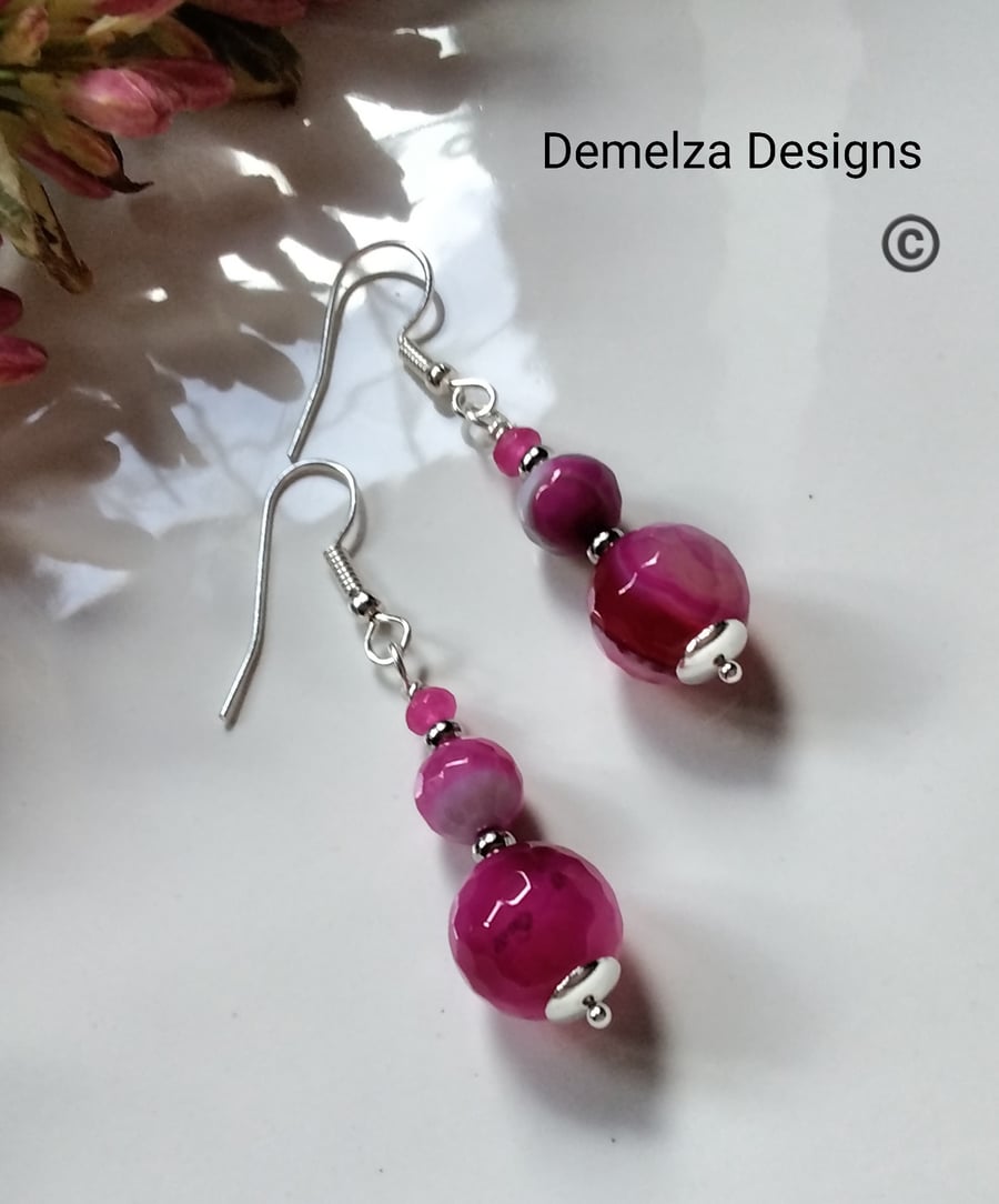 Hot Pink Agate & Quartzite Earrings Silver Plated