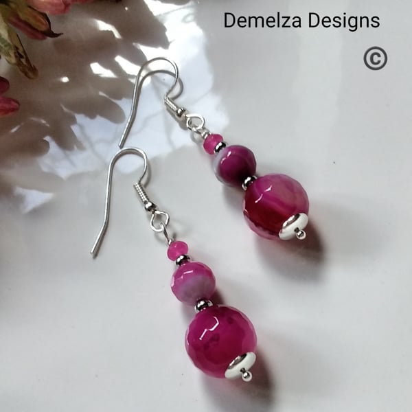 Hot Pink Agate & Quartzite Earrings Silver Plated