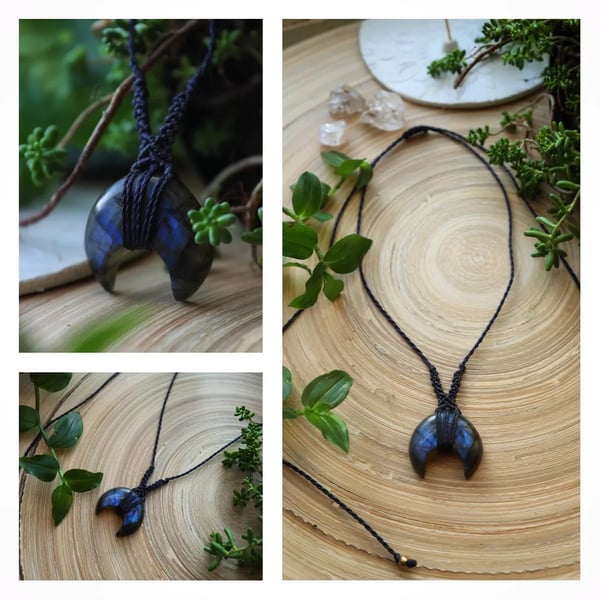 Womens adjustable moon necklace with Labradorite in navy