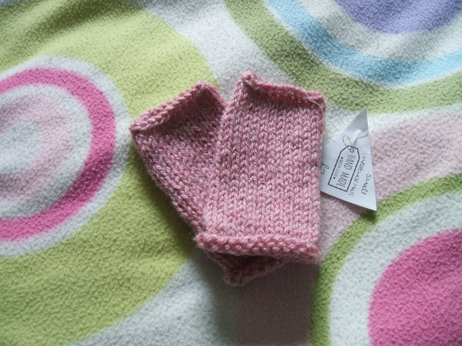 Pale pink hand knitted wrist warmers - small size