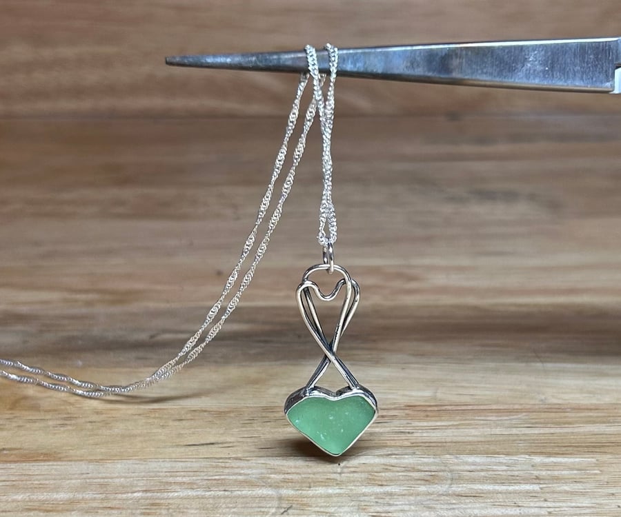 Handmade Sterling Silver Love Spoon Inspired Sea Glass Pendant & Chain