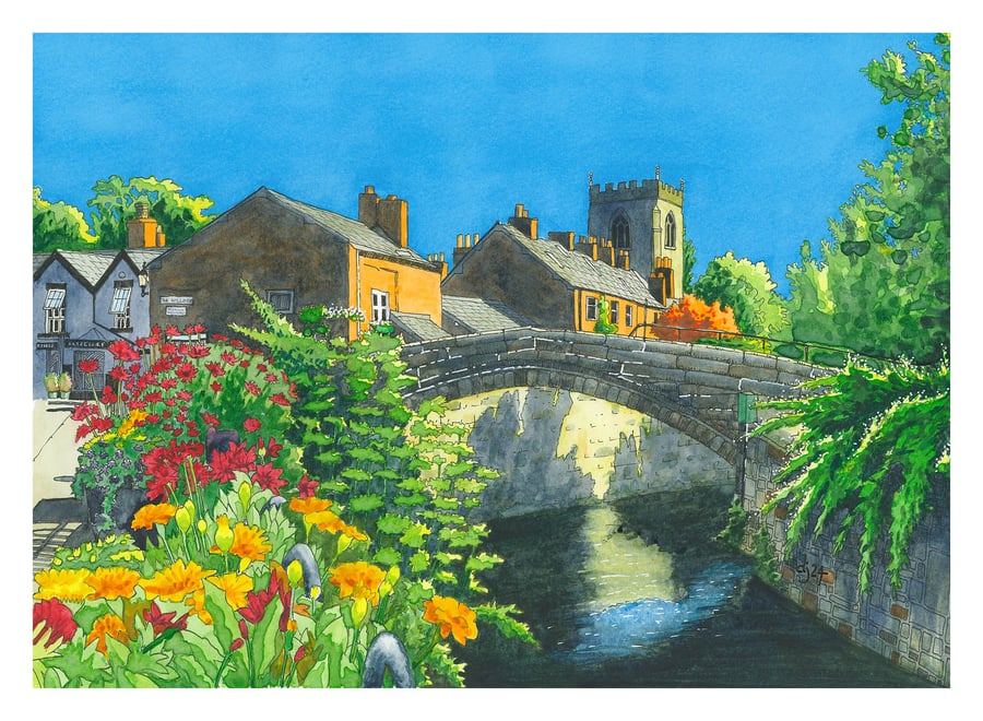 Colourful Pen & Ink & Watercolour of Croston in Lancashire 15" by 11" Print