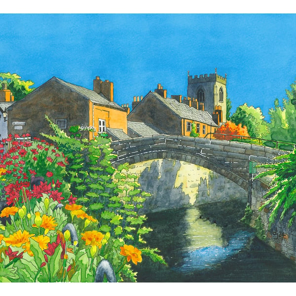 Colourful Pen & Ink & Watercolour of Croston Lancashire 15" x 11" Framed Print