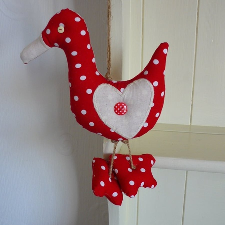 Hanging Duck Decoration, Red spotty~ Applique Hearts~ Shabby Chic