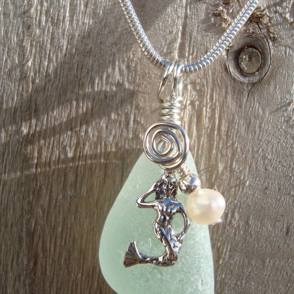 Sea Glass & Sterling Silver Necklace with Mermaid and Freshwater Pearl