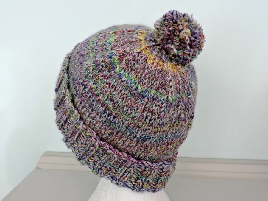 Chunky Hand Knitted Bobble Hat Green Yellow Pink Purple Blue