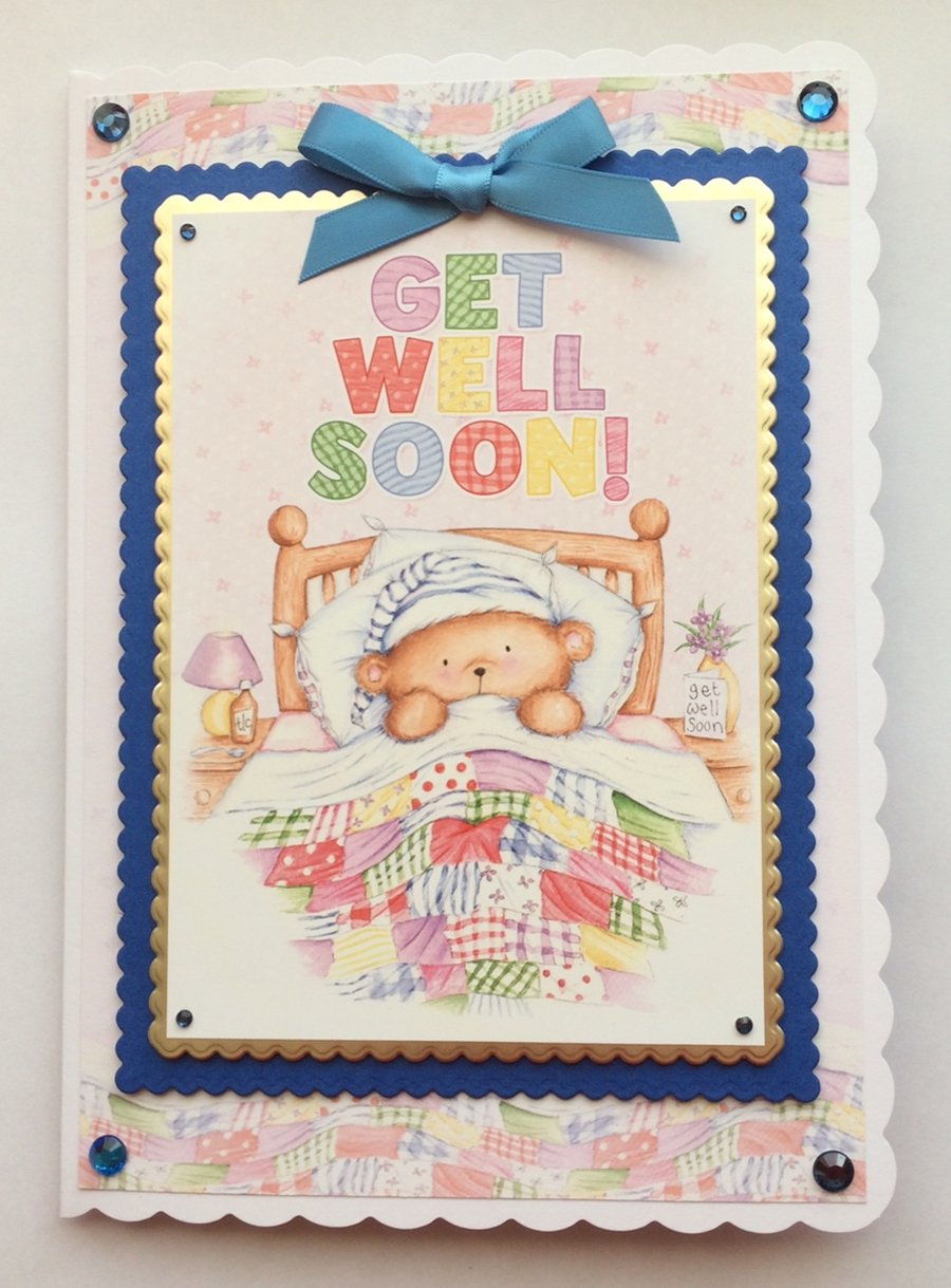 Get Well Card Get Well Soon Teddy Bear in Bed Blue 3D Luxury Handmade Card