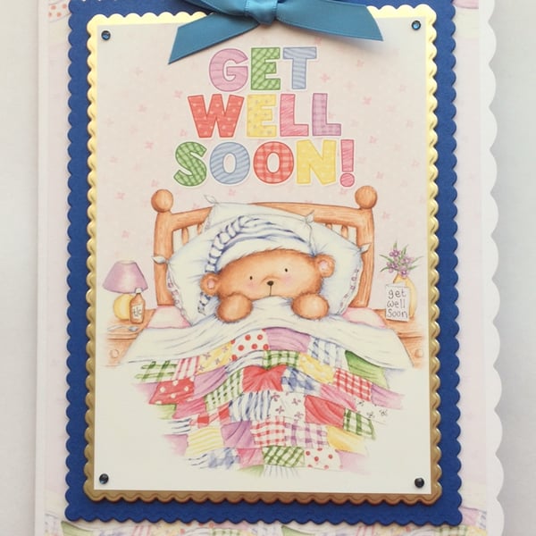 Get Well Card Get Well Soon Teddy Bear in Bed Blue 3D Luxury Handmade Card