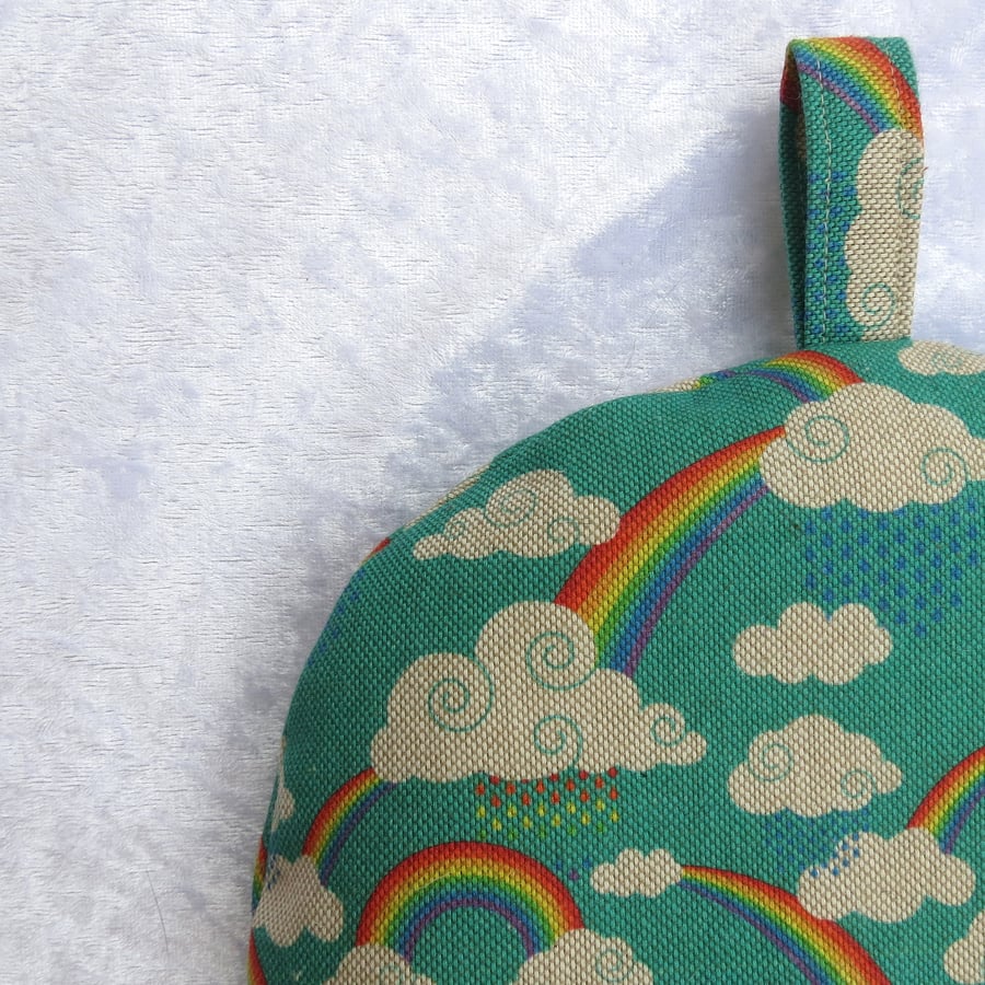 Coffee Cosy.  Size small, to fit a 1 - 2 cup cafetiere.  Rainbows..