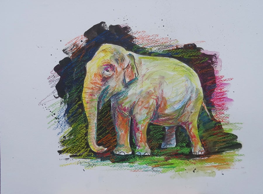 Elephant Original Art Animal Painting OOAK