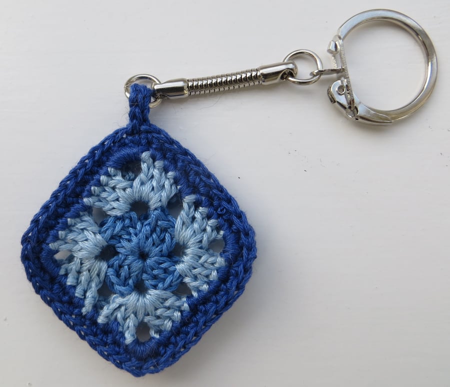 Crochet keyring, Miniature crochet, Granny square, Retro gift, Blue