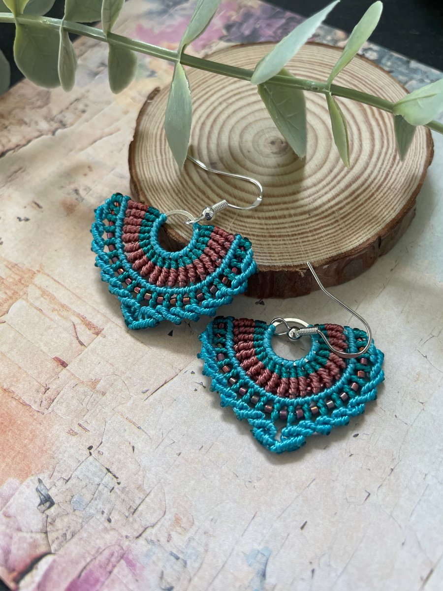 Delicate micro macrame beaded boho fan design earrings, gift teen girl