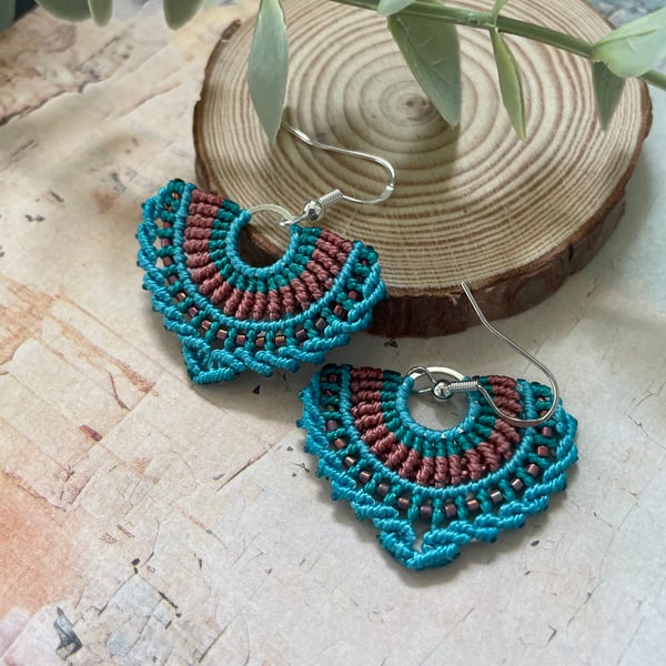 Delicate micro macrame beaded boho fan design earrings, gift teen girl