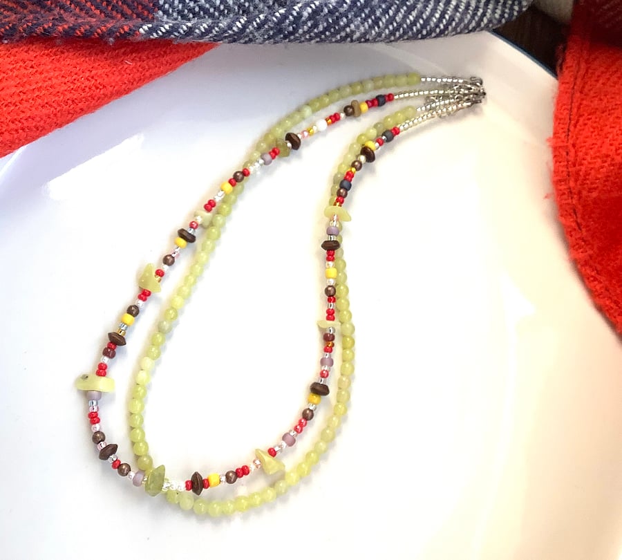 Serpentine yellow necklace 2 strands, spring colours, cottage core, boho, beach