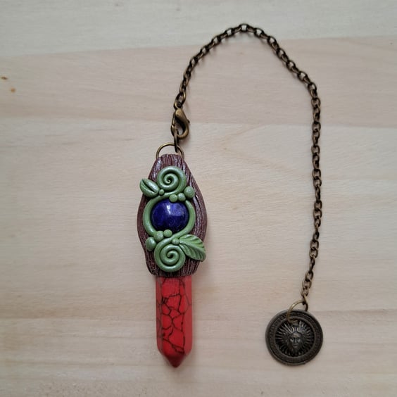 Red Howlite and Lapis Lazuli Crystal and Polymer Clay Dowsing Pendulum Amulet