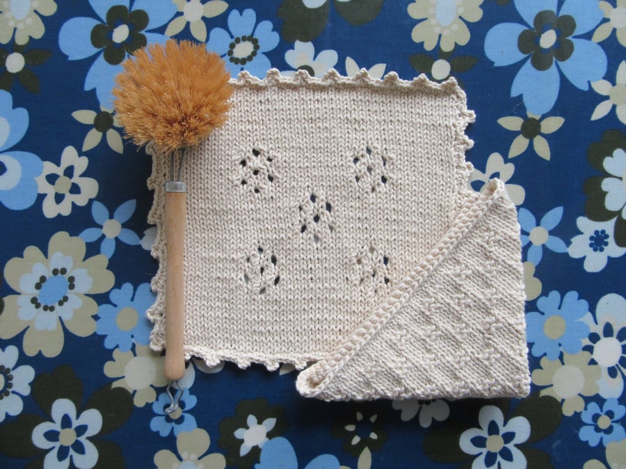 Hand knitted unbleached 100% cotton eco dishcloths or face cloths