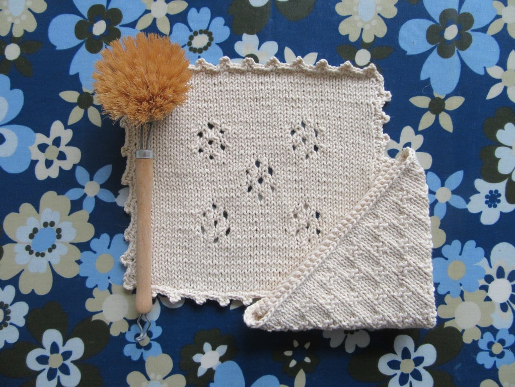 Hand knitted unbleached 100% cotton eco dishcloths or face cloths