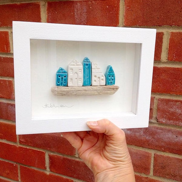 Higgledy Piggledy Houses - ceramic little houses with driftwood - White Frame