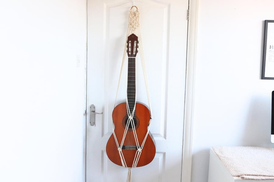 Macrame Acoustic Guitar Stand, Wall Decor on Bamboo Hoop, Wall Mount