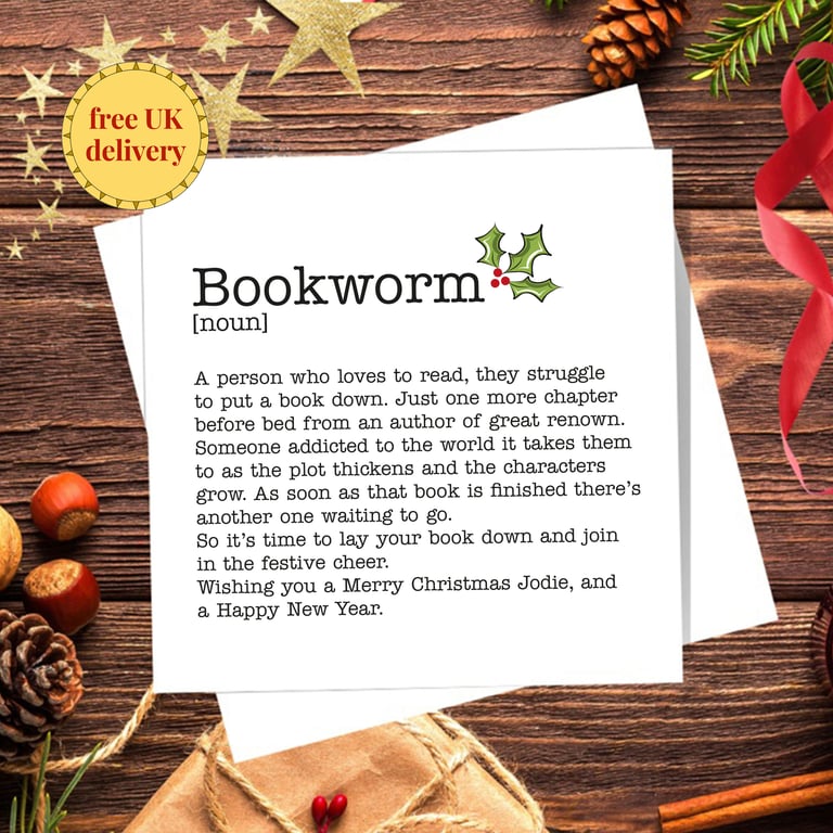 Bookworm Definition Christmas Card - Blank Inside