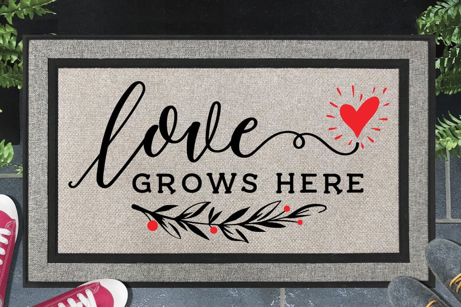 Love Grows Here Door Mat - Love Grows Here Welcome Mat - All Weather - 45x70cm 