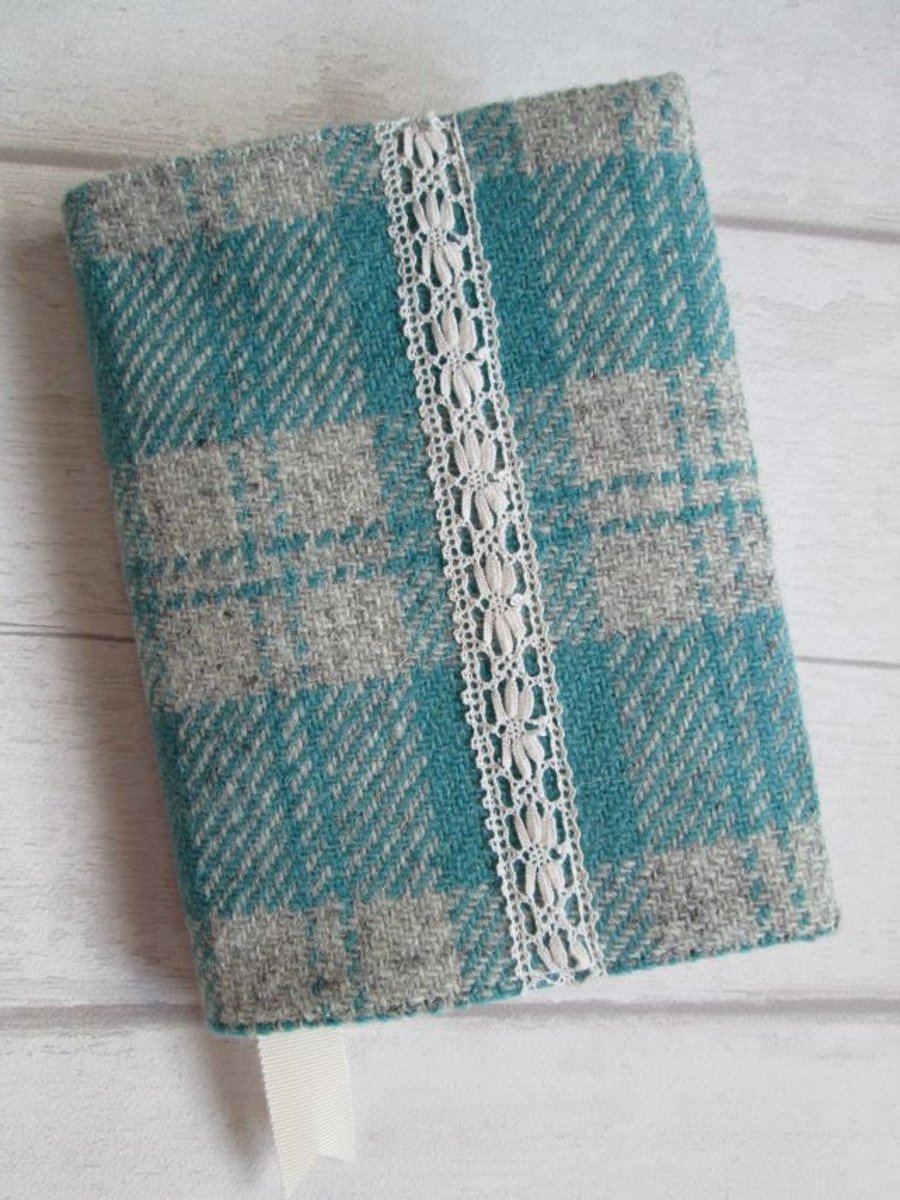 A6 'Harris Tweed' Reusable Notebook, Diary Cover - Grey and Turquoise with Lace