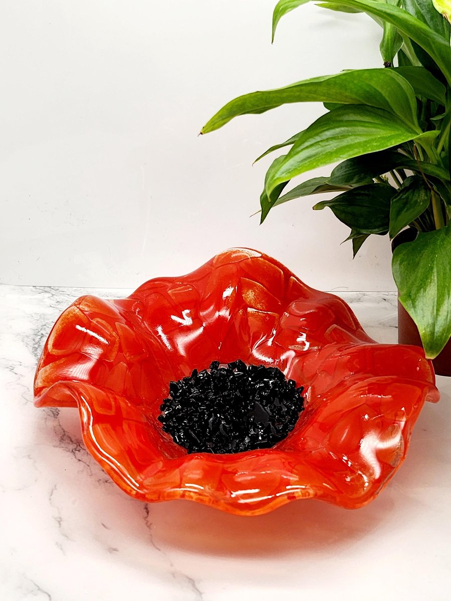 Handcrafted Fused Glass Poppy Bowl - Vibrant Red with Black Centre