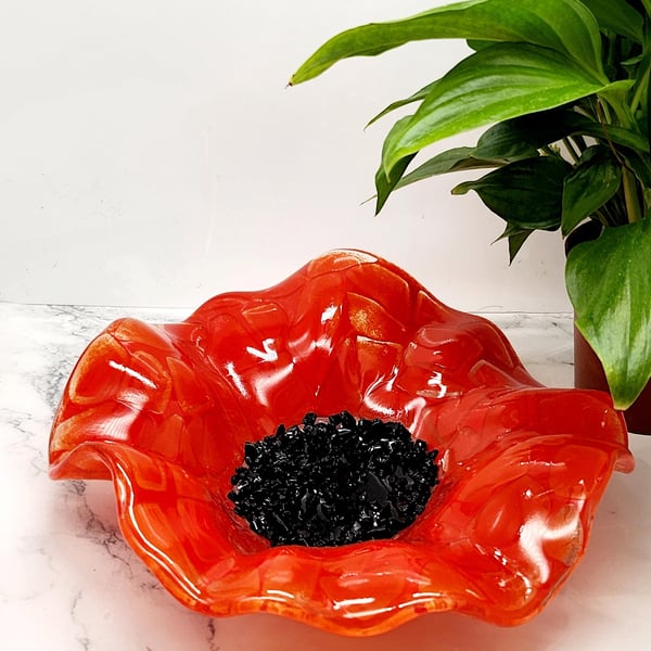 Handcrafted Fused Glass Poppy Bowl - Vibrant Red with Black Centre