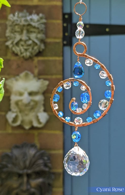 Pretty Spiral suncatcher Blue and copper with sparkly prism
