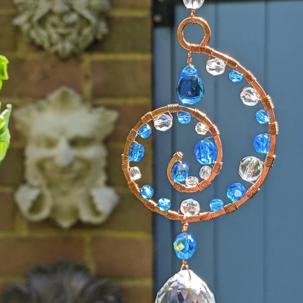 Pretty Spiral suncatcher Blue and copper with sparkly prism