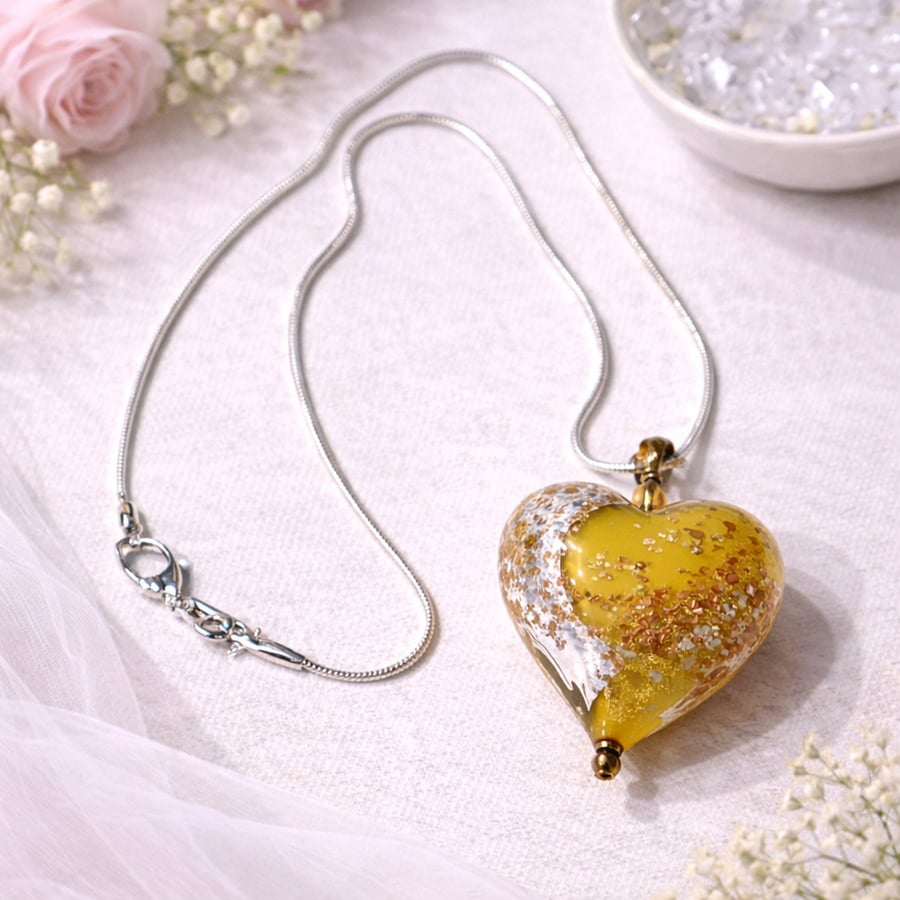 Authentic Yellow Murano Glass Heart Necklace with Gold Leaf