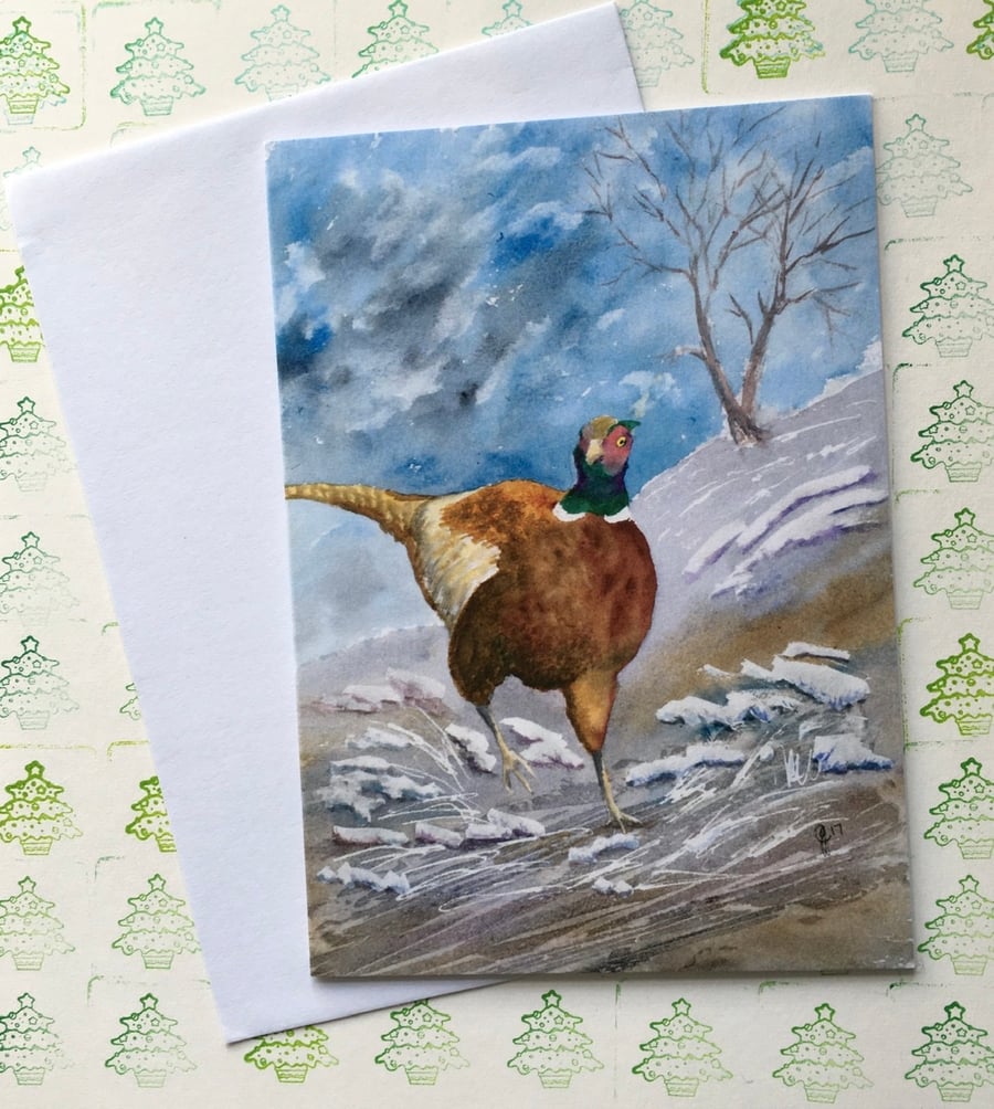 Pheasant in snow Christmas card