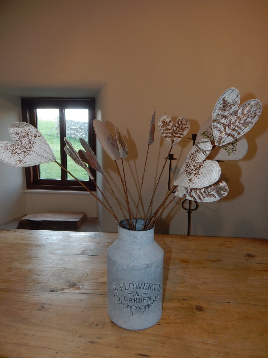 11 Screen printed Heart Fabric flowers on Willow - Natural colours