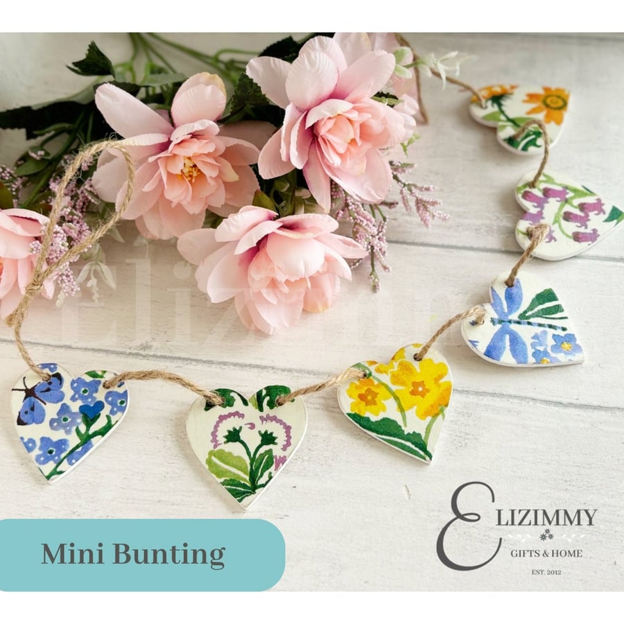 Mini Heart Bunting Emma Bridgewater Decoupaged Wildflower Spring Summer Themed