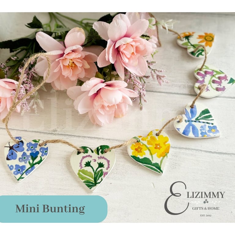Mini Heart Bunting Emma Bridgewater Decoupaged Wildflower Spring Summer Themed